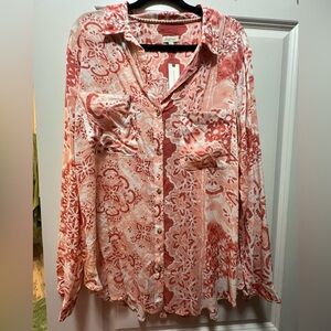 Pilcro Red and Cream Floral Button-Down Shirt